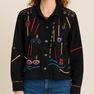 Chico's Vintage Black Jean Jacket with Colorful Embroidery